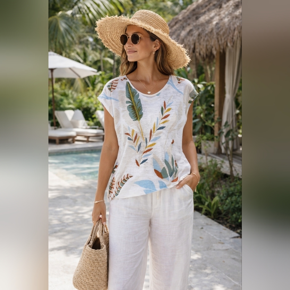 Cynthia Rowley 100% Linen Botanical Print Button Back Slub Knit Top Large